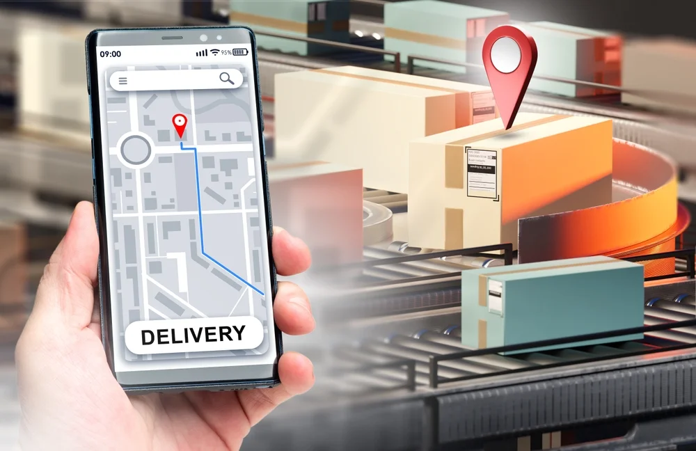 Liefer-App. Telefon mit Logistikkarte